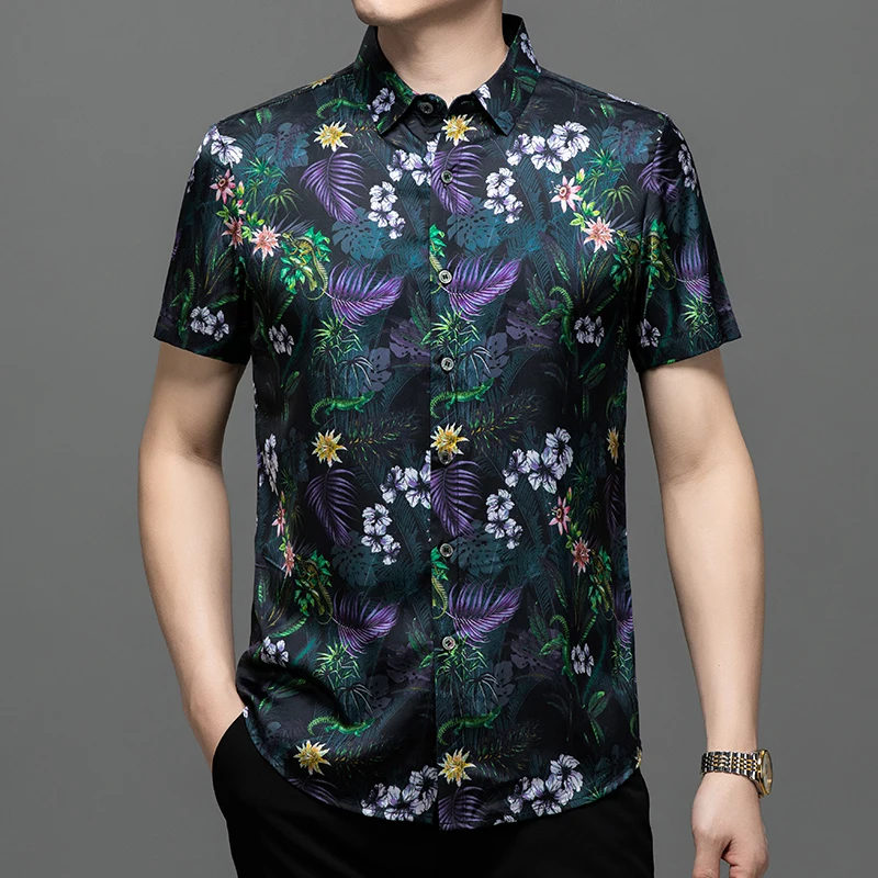 Mulberry Silk Blend Premium Shirts For Men Short Sleeved Casual Summer Quality Smooth Comfortable Floral Print Camisas De Hombre 2
