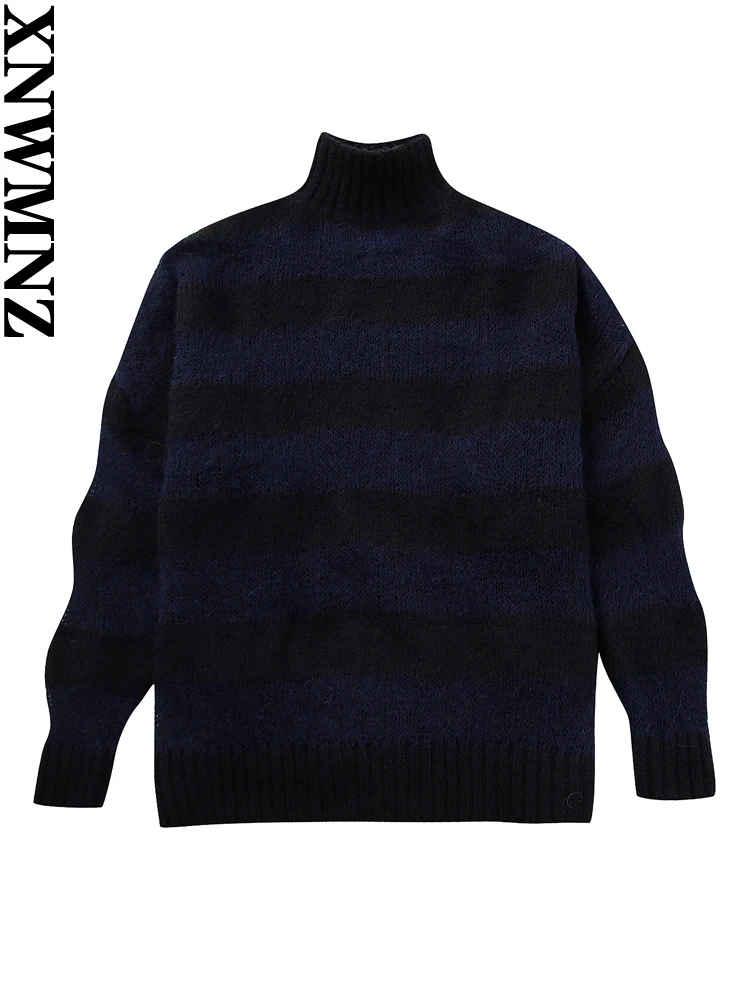

XNWMNZ Women's Fashion 2023 Autumn/Winter Stripe Knitted Sweater Women Vintage High Neck Long Sleeve Versatile Female Pullover