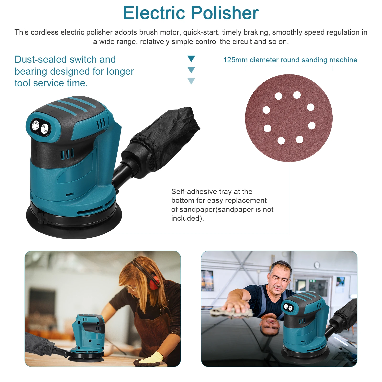125mm Brush Motor Cordless Orbital Sander Wood Grinder Wood Metal Waxing Polishing Grinding Machine for Maki ta 18V Battery Tool