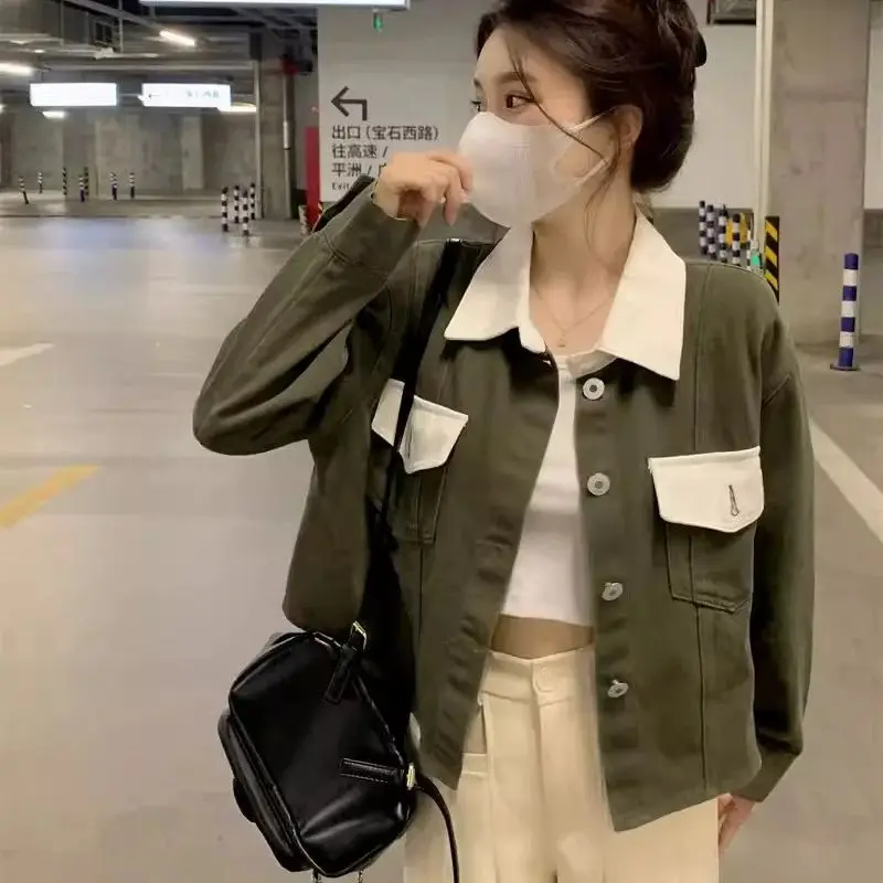 Korean Version Contrasting Polo Collar Short Denim Jacket for Women's 2024 Spring New Loose and Versatile Jacket Cardigan top