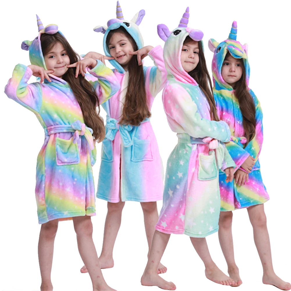 

Kids Flannel Warm Bathrobe Baby Girls Boys Cartoon Hooded Pajamas Winter Children Soft Bath Robe Nightgown Unicorn Bath Robes