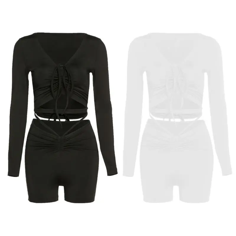 

Женский комплект из 2 предметов, укороченный топ с длинным рукавом, V-образным вырезом, рюшами и завязками, бандажные шорты с высокой талией, однотонный спортивный костюм N7YE