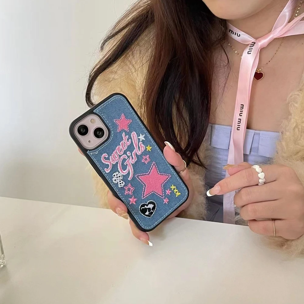 

For IPhone 14 Pro INS Denim cloth embroidery pink stars Fashion Phone Case for IPhone 14 13 11 12 Pro phone Cover