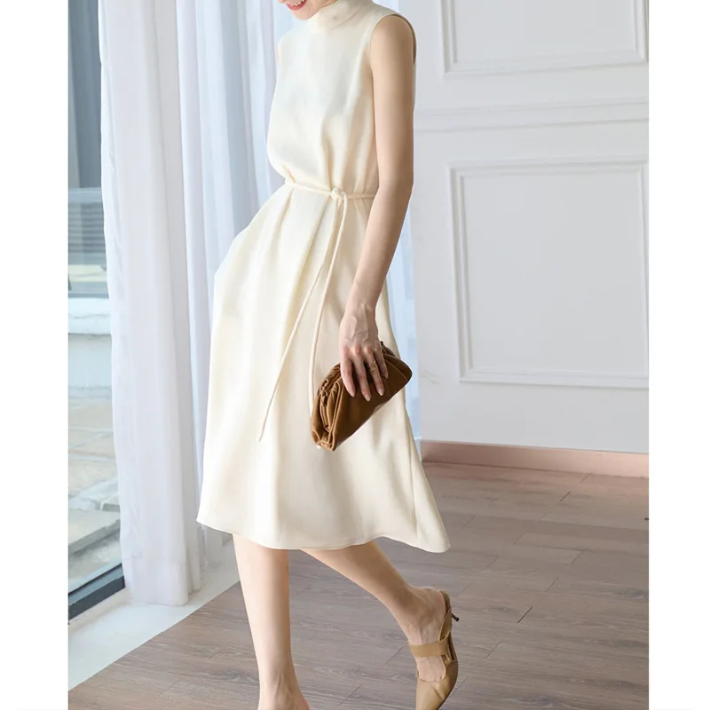 

2023 New Style Women Fashion Brief Stand Collar Acetate Slim Laced Sundress