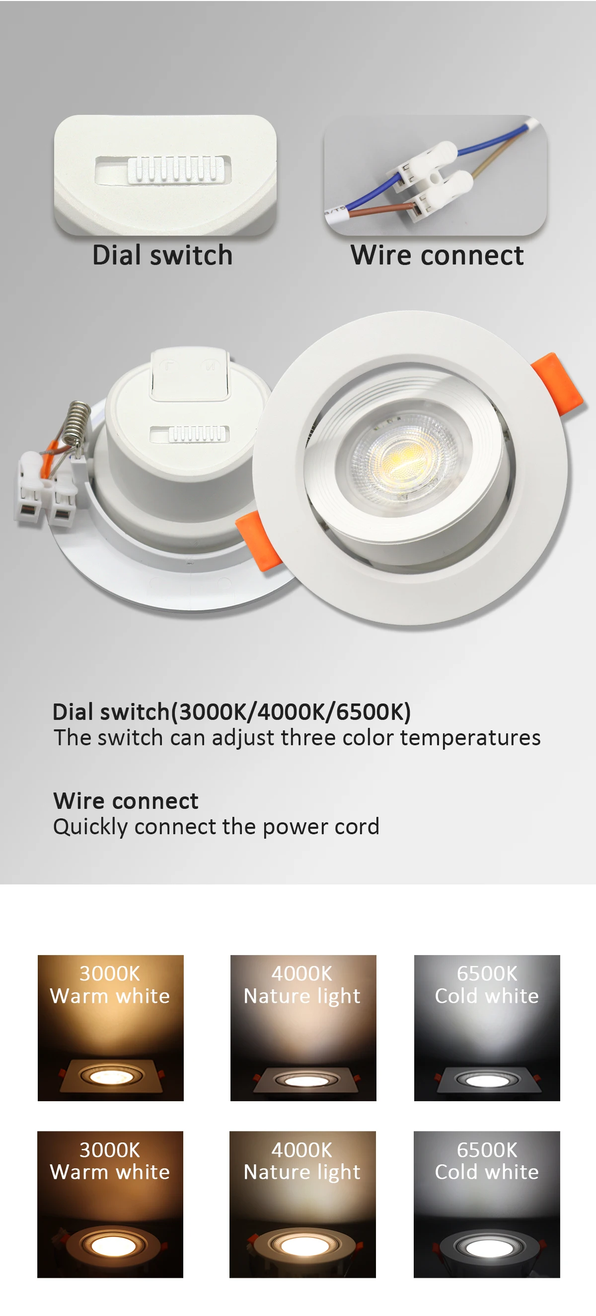 Description Picture 4 of item5pcs Tri color dimming embedded LED ceiling spotlights AC 220V 110V Adjustable angle Downlight 7W 770lm for home decoration