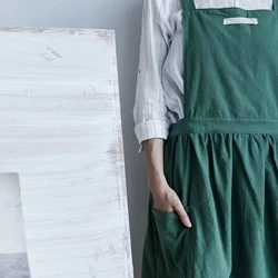 Nordic Wind Pleated Cotton Linen Apron with Cross Back Pinafore Dress Style (Light green)