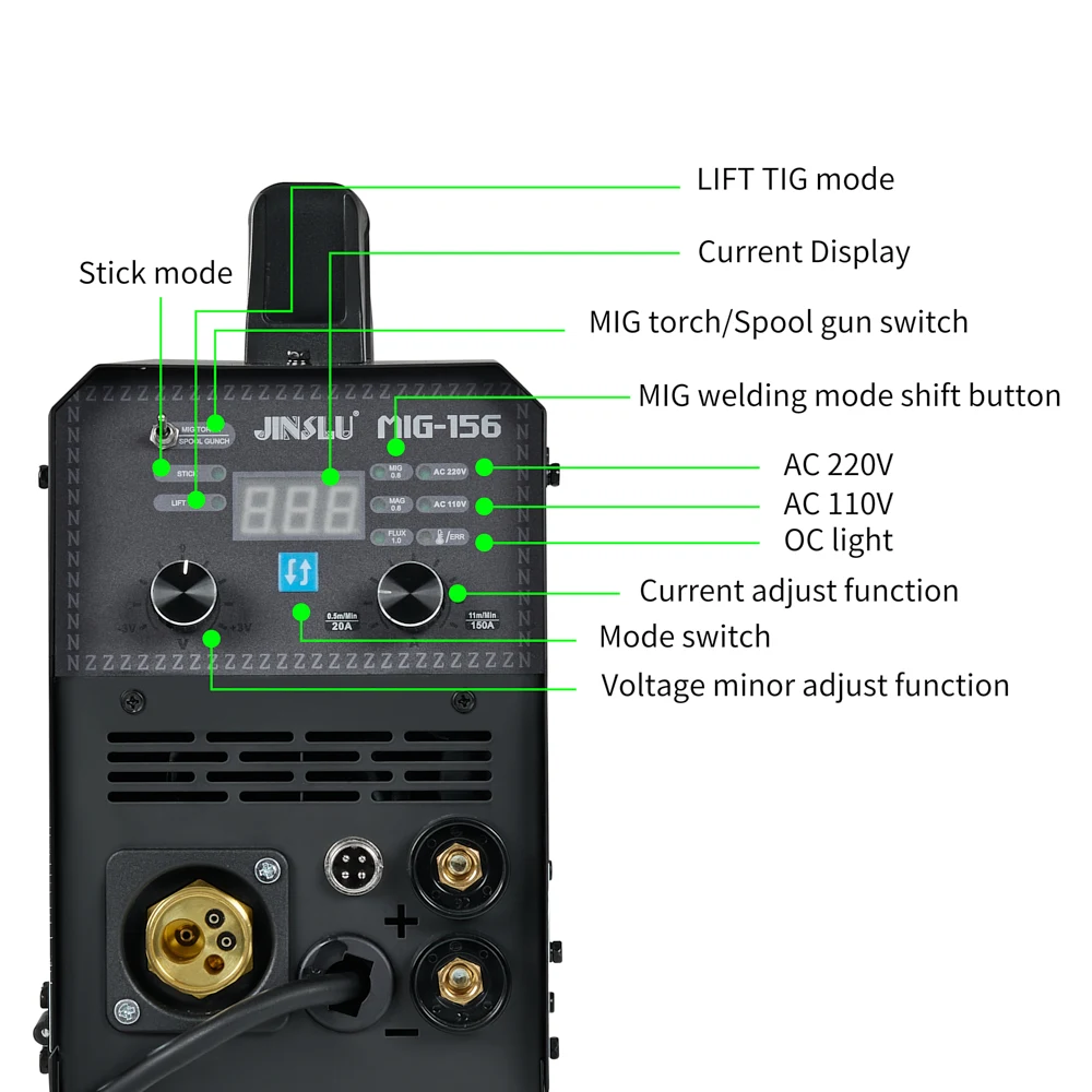 MIG156 110V/220V Dual Voltage 5 in 1 MIG TIG Stick Manual Gasless Spool Gun IGBT Welding Machine Welder Welding Equipment Tools 2