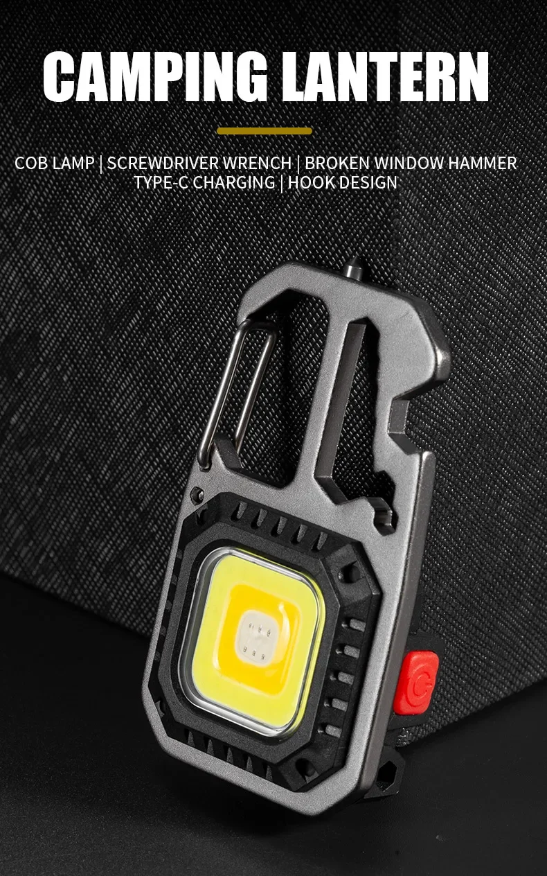 Description Picture 2 of itemCOB Work Lights LED Keychain Flashlight Multifunction Rechargeable Portable Lamp Outdoor Camping Lamp With Window Hammer Opener