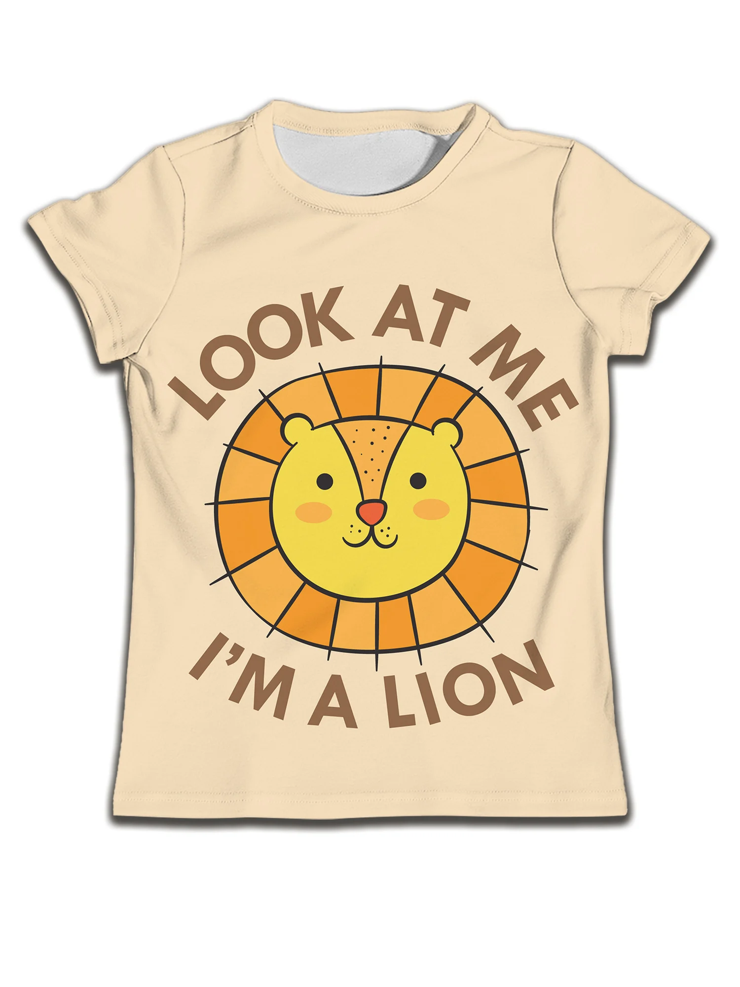 

2024 New Cartoon Lion Pattern Children's T-shirt Fashion Casual Boys' Short Sleeves Cute O-Neck Girls' Light Yellow Top Summer