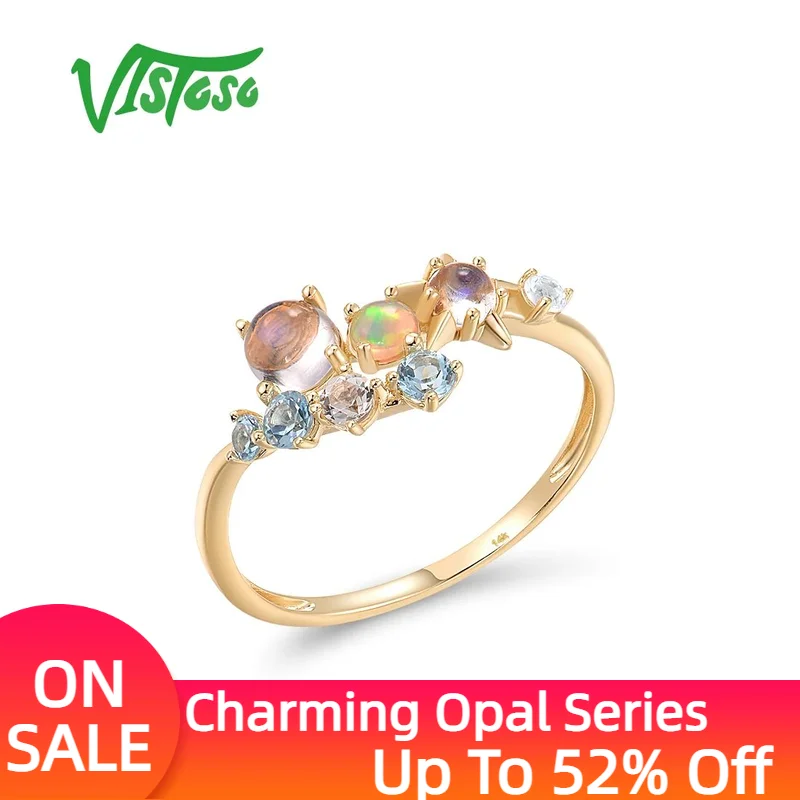 

VISTOSO Genuine 14K 585 Yellow Gold Ring For Women Sparkling Opal Blue Moonstone Topaz Ring Dainty Glamorous Trendy Fine Jewelry