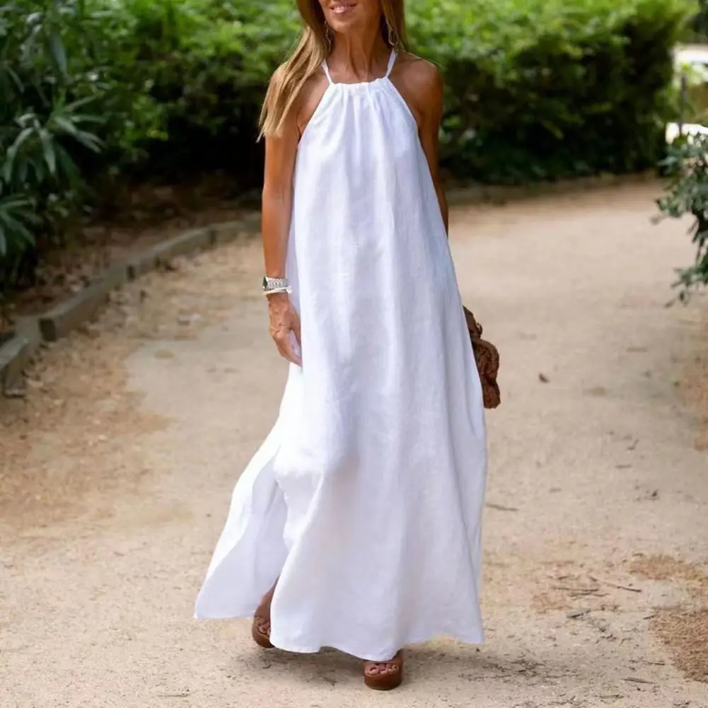 

Sexy Vacation Dress Solid Color Comfortable Women Beach Dress Halter Neck Summer Holiday Lady Maxi Dress