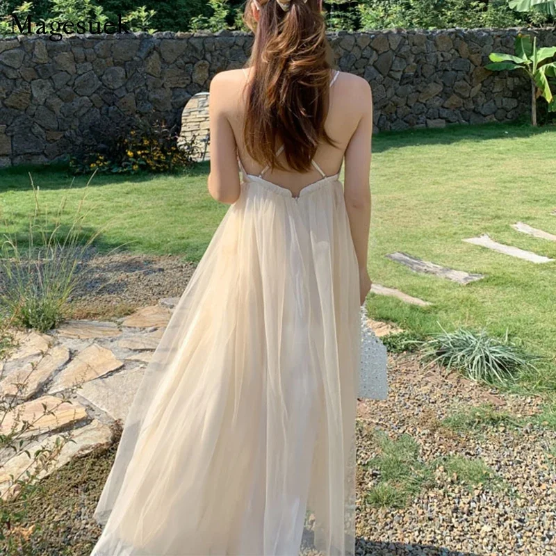 

Women Fairy Mesh Beach Dress Sexy Backless Spaghetti Strap Apricot Solid Female Dresses Vestidos 2024 Holiday Summer Party Dress
