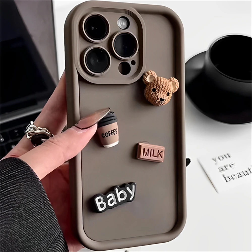 thumbnail image 1 of Cute 3D Bear Coffee Milk Candy Liquid Phone Case For iPhone 11 13 12 14 15 Pro Max XR XS Max Korean Cartoon Cover, 1 of 5