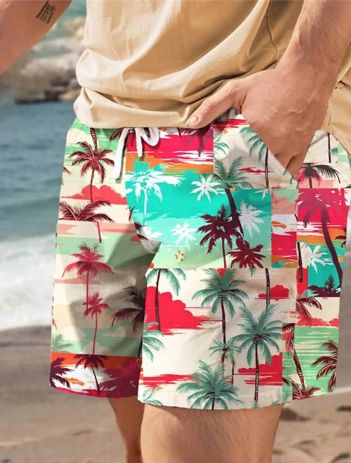 Fashion Palm Tree Tropical Printed Men's Board Shorts Hawaiian Swim Trunks Drawstring Comfort Breathable Vacation 4