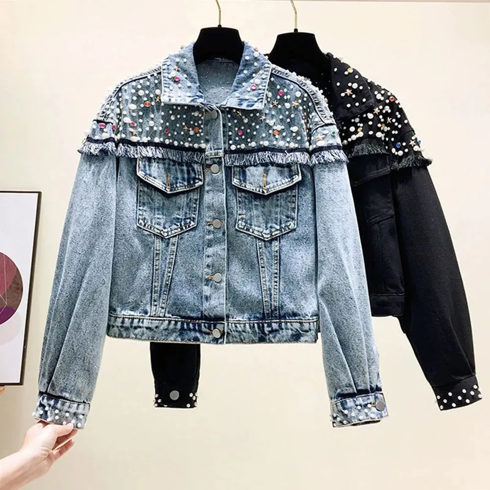 

Autumn Jean Outwear Women Vintage Blue Short Denim Jacket Spring Fashion Burrs Pearl Rivet Tassel Casual Loose Female Streetwear