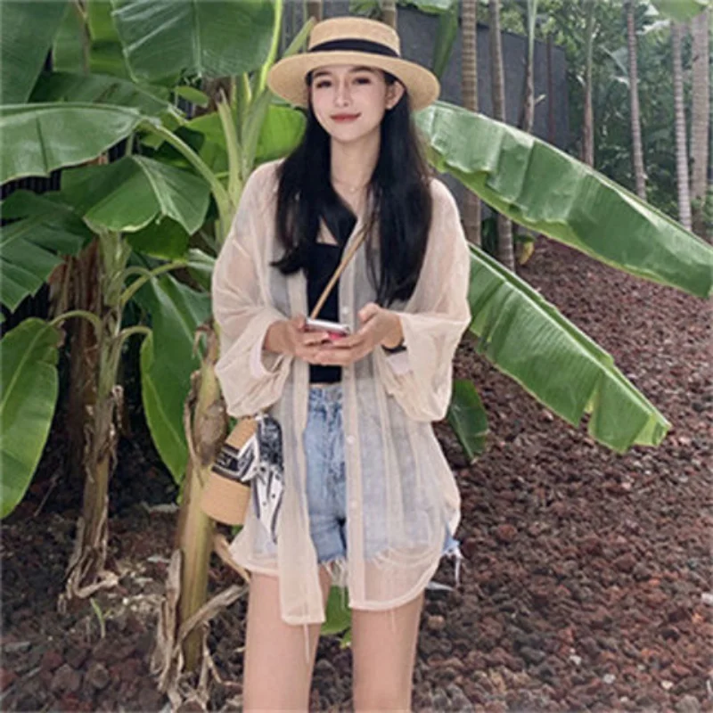 Bikini Cover Ups for Swimwear Women Sunscreen Clothing Cardigan Beach Wear Loose Semi-transparent Smock Chiffon Shirt Thin Coat