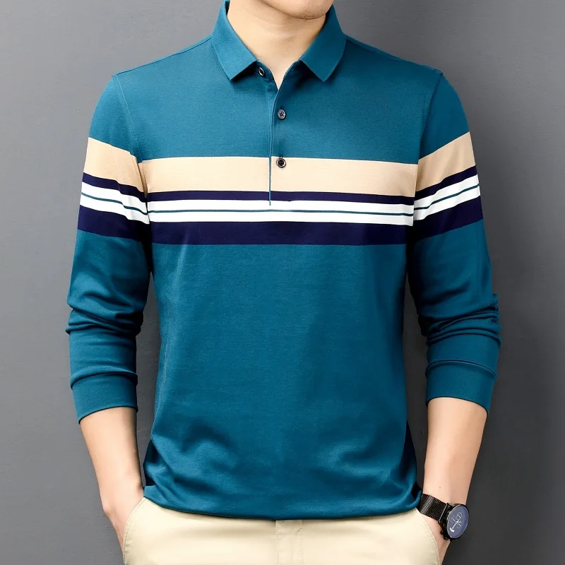 Spring and Autumn Men's Pullover Polo Collar Button Contrast Stripe Long Sleeve T-shirt Hoodies Underlay Fashion Casual Tops