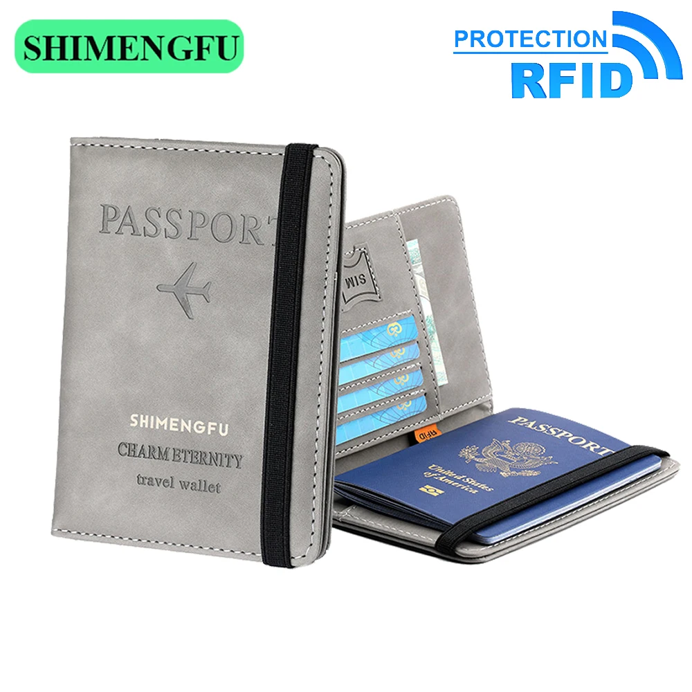 

Leather RFID Blocking Passport Cover Travel Card Holder Wallet Men Women Passports Document Pass Organizer Folder Elastic Band