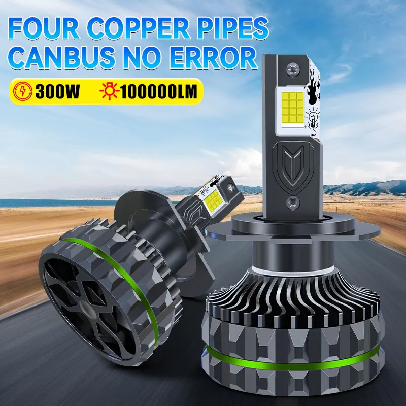 Carshark H1 H4 H7 ไฟหน้า LED Canbus 300W 100000 Lm 4 ท่อทองแดง H8 H9 H11 9005 9006 9012 หลอดไฟรถยนต์ HB3 HB4 Hir2 ไฟอัตโนมัติ 1