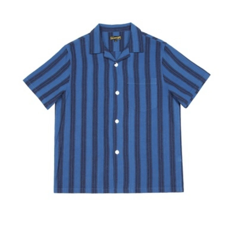 

BOBDONG Short Sleeve Striped Cuban Collar Vintage Casual Shirt Amekaji Washed Cotton Linen Shirt