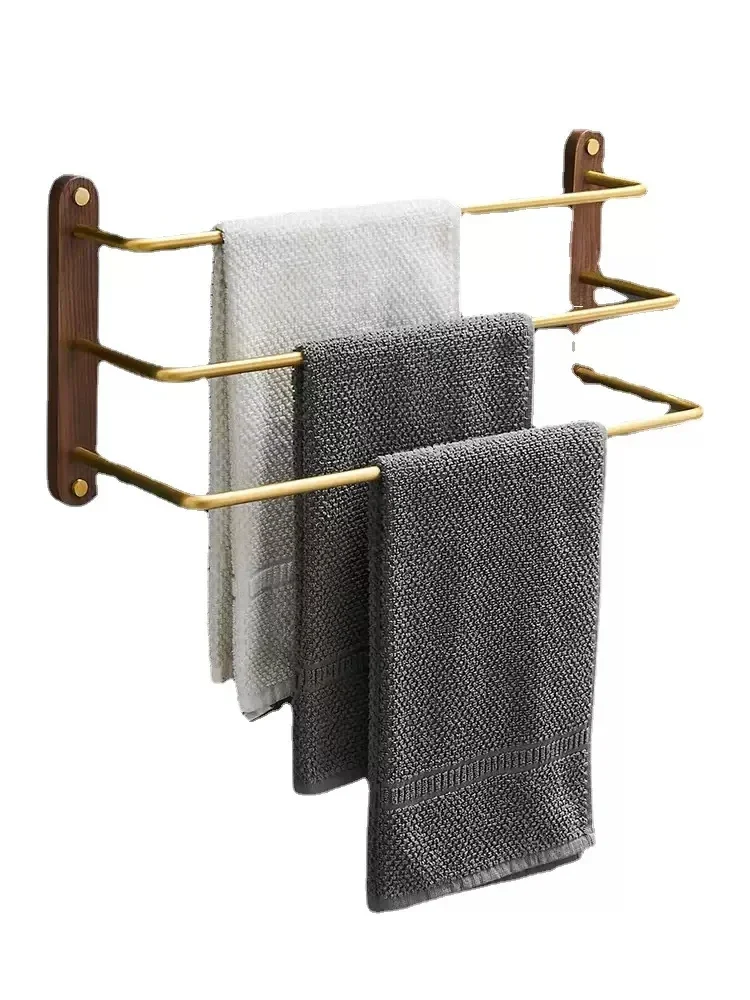 Simple Solid Wood Golden Space Aluminum Bathroom Accessories Home Room Bath Towel Rack Storage Hanger Punch-free Wall-mounted