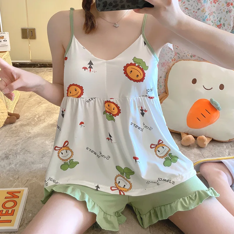 Women Pajamas Set Padded Bra Print Pijama Milky Silk Pyjama Female Sleepwear Sleeveless Cami Top Shorts Suits Homewear Nightwear
