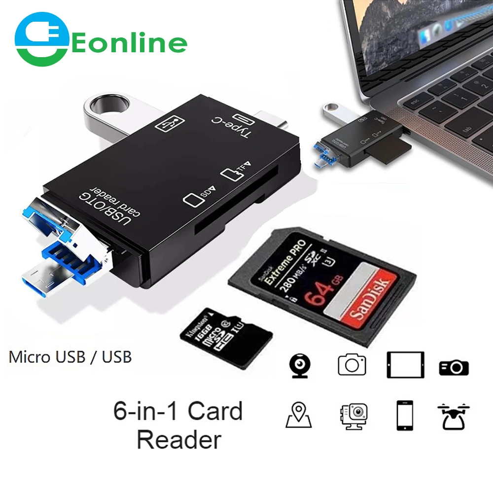 

EONLINE 6-in-1 OTG Card Reader SD Card Reader USB 3.0 Type-C USB-C Micro USB Memory Card Reader For TF SDXC SDHC SD Card