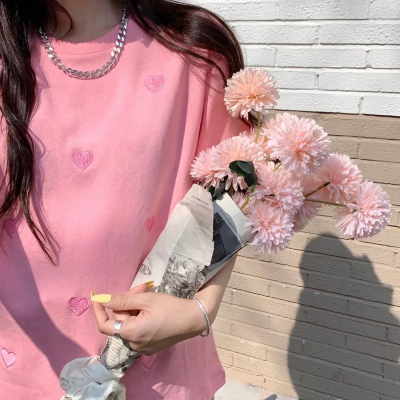 여성용 반팔 O넥 티셔츠, 한국 스타일, 사랑 자수 패션, 여성용 탑 티셔츠, 용수철 여름, 직송