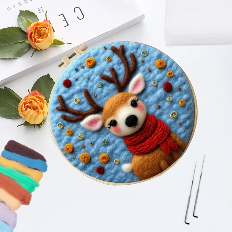 CHENISTORY Diy Wool Needle Felting Starter Kit Needle Felt Set With Sika Deer Camel Picture Frame Leaves Art Craft Home Decor