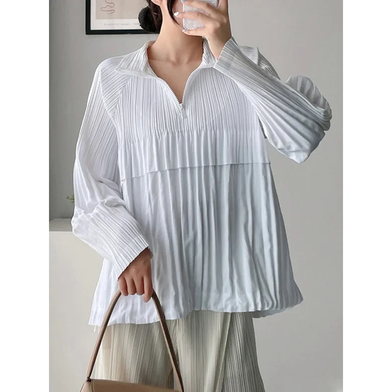 Women's Pleated Solid Color Blouse Casual Zipper Stand Collar Long Sleeves Shirt Fashion 2023 Autumn New