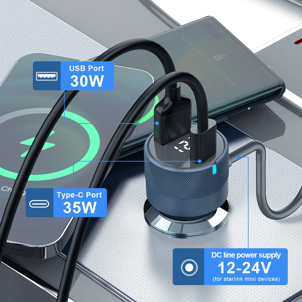 HOWENS 방수 스타링크 미니 전원 어댑터 12-24V  30V 2A 스텝업 컨버터 QC3.0+PD 타입 C 휴대폰 충전기 디지털 전압계