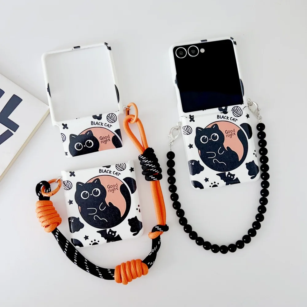 Charming Cartoon Black Cat Folding Phone Case with Wrist Strap and Lanyard Bracelet