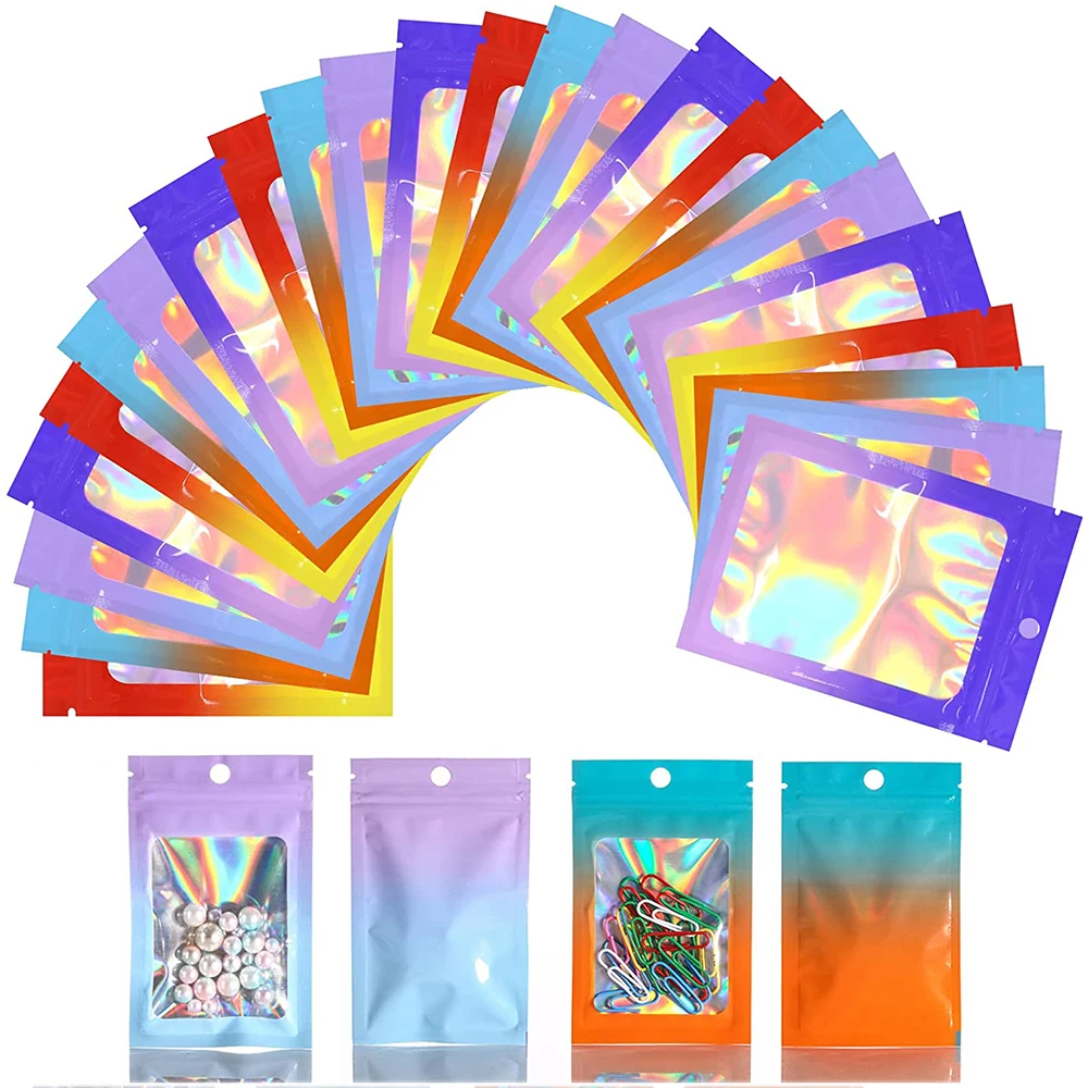 50pcs Gradient Color Holographic Laser Foil Bags Transparent Window Pouch Resealable Ziplock Bags for Jewelry Display Packaging