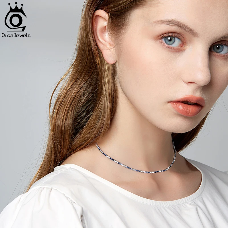 ORSA JEWELS Solid 925 Sterling Silver Italian Tennis Necklace with 2.0mm White and Blue Round Cut Zirconia Chain Necklace SC49
