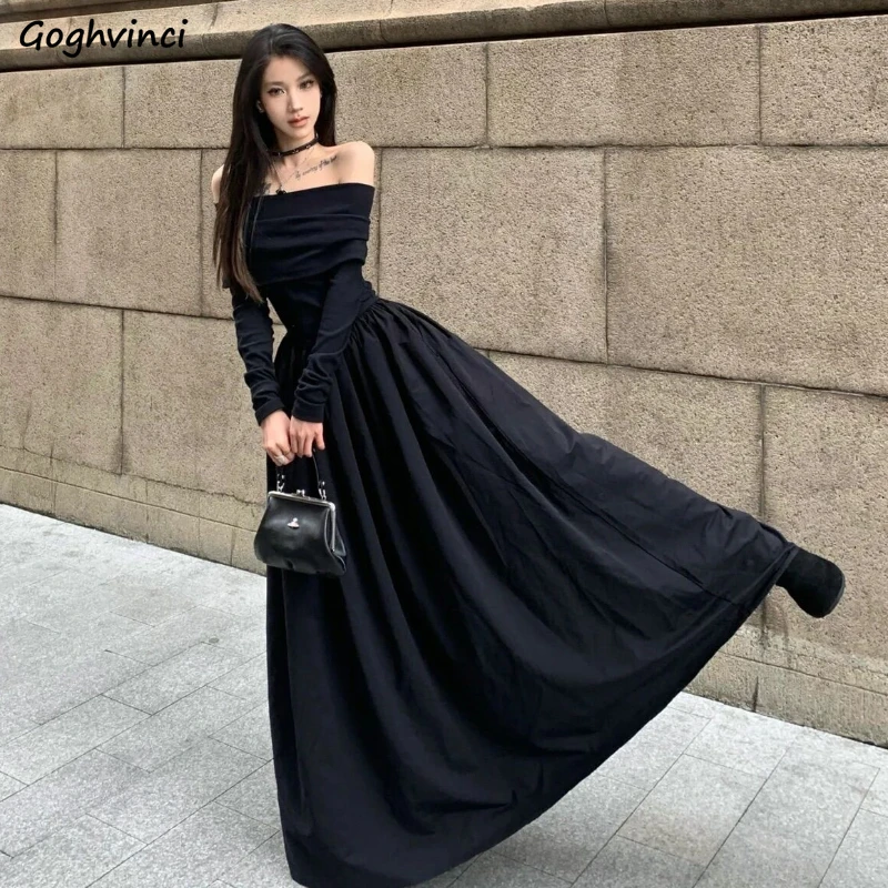 

Slash Neck Dress Women Elegant New Fashion A-line Defined Waist Solid Luxury Prom Gown Long Sleeve Off Shoulder Chic Gothic Cozy