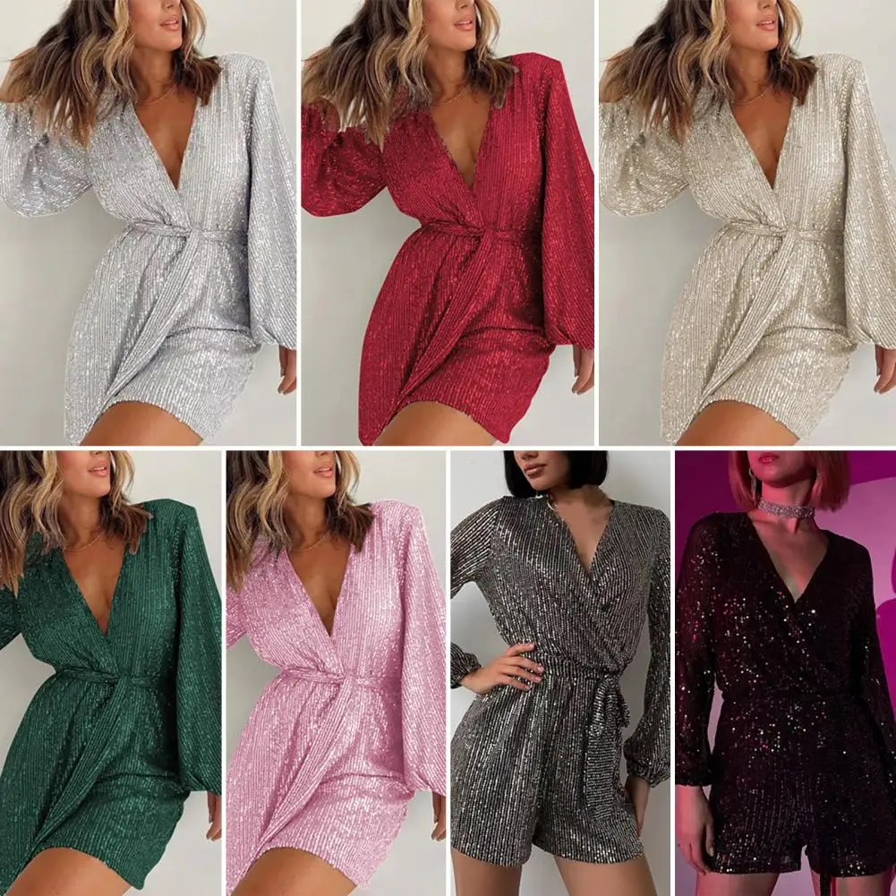 

Women Mini Romper Deep V Neck Sequin Belted Tight Waist Loose Long Lantern Sleeve Solid Color Club Party Shorts Pants Jumpsuits