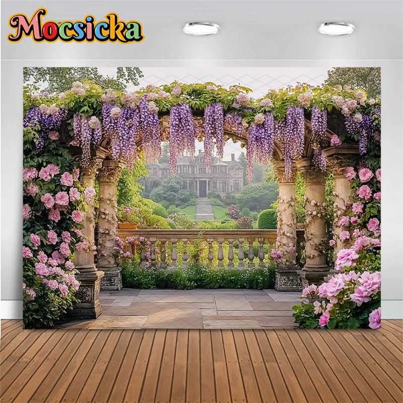 Mocsicka 정원 사진 배경 보라색 등나무 꽃무늬 맨션 배경 웨딩 신부 샤워 출산 스튜디오 사진 촬영