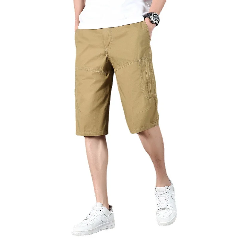 Summer Men's Pure Cotton Casual Shorts Oversized Loose Fitting Cropped Pants Solid Color Multi Pocket Workwear Capris
