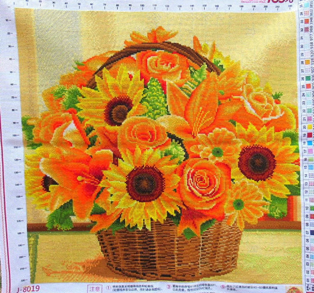 Handmade cross stitch finished product, sunflower flower basket, sunflower countryside style, bedroom, dining room, full of