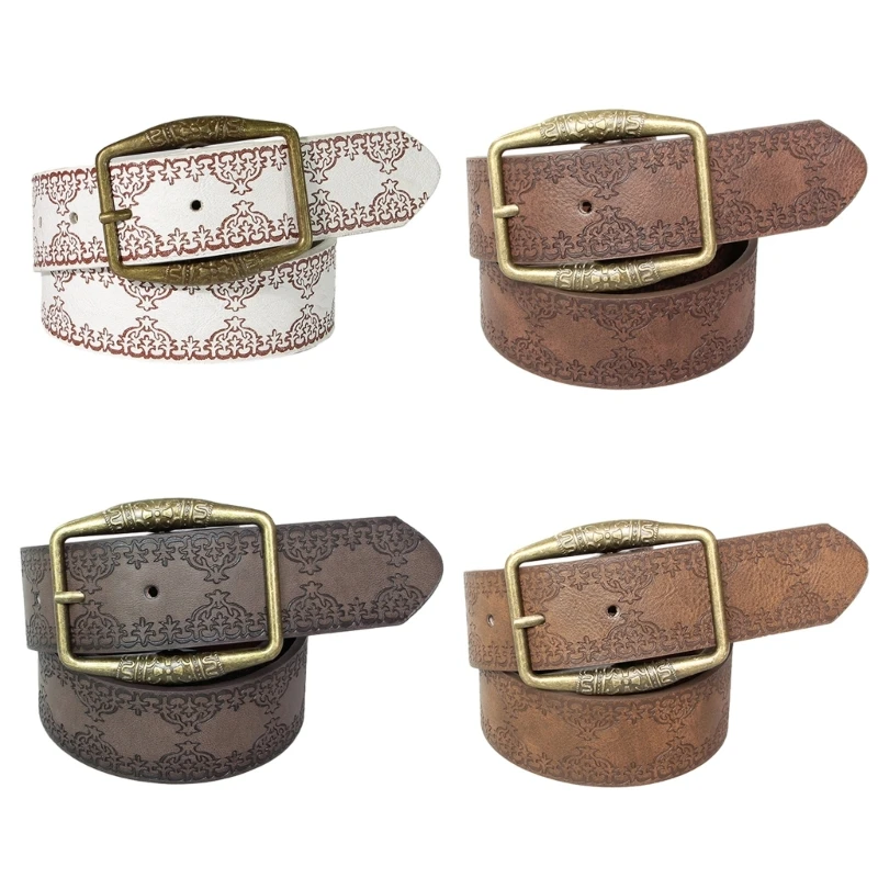 

Vintage Waist Belt with Antique Buckle Embossed Floral PU Leather Belt for Women
