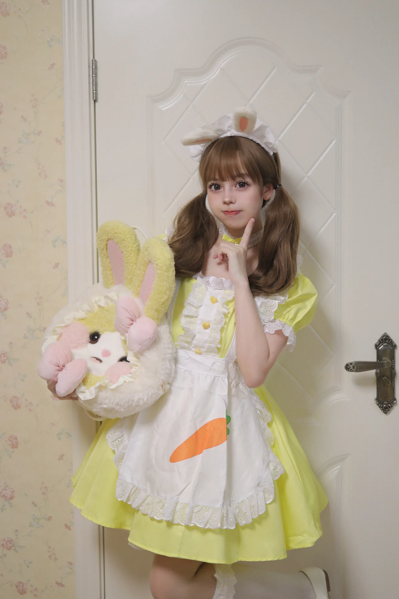 Cosplay Maid Kleid Gelb mit Schürze Anime Lolita Kostüm Damen 10