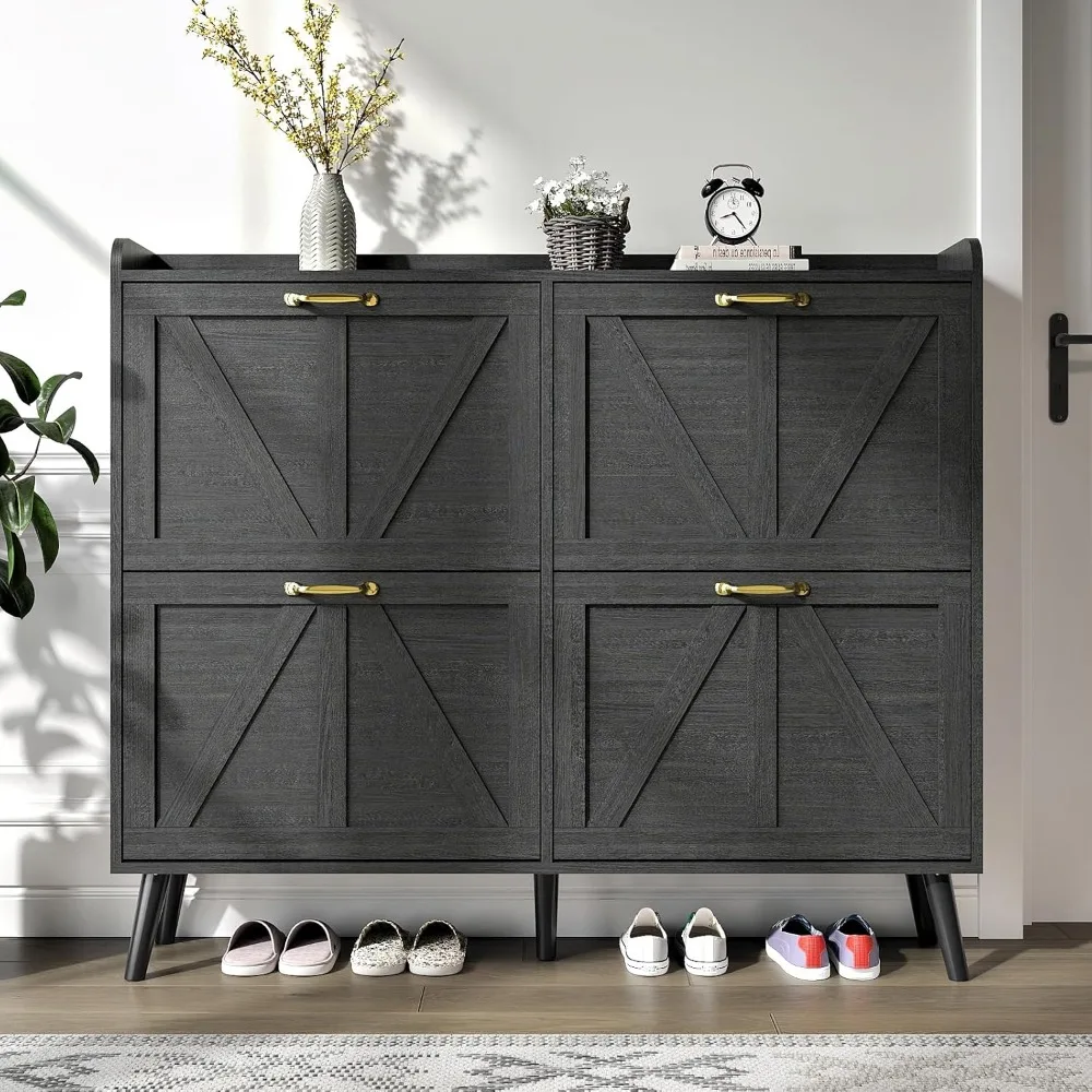 Shoe Storage Cabinet with 4 Flip Drawers, Shoe Cabinet Storage for Entryway Slim, Freestanding Black Shoe Cabinet, Farmhouse 3