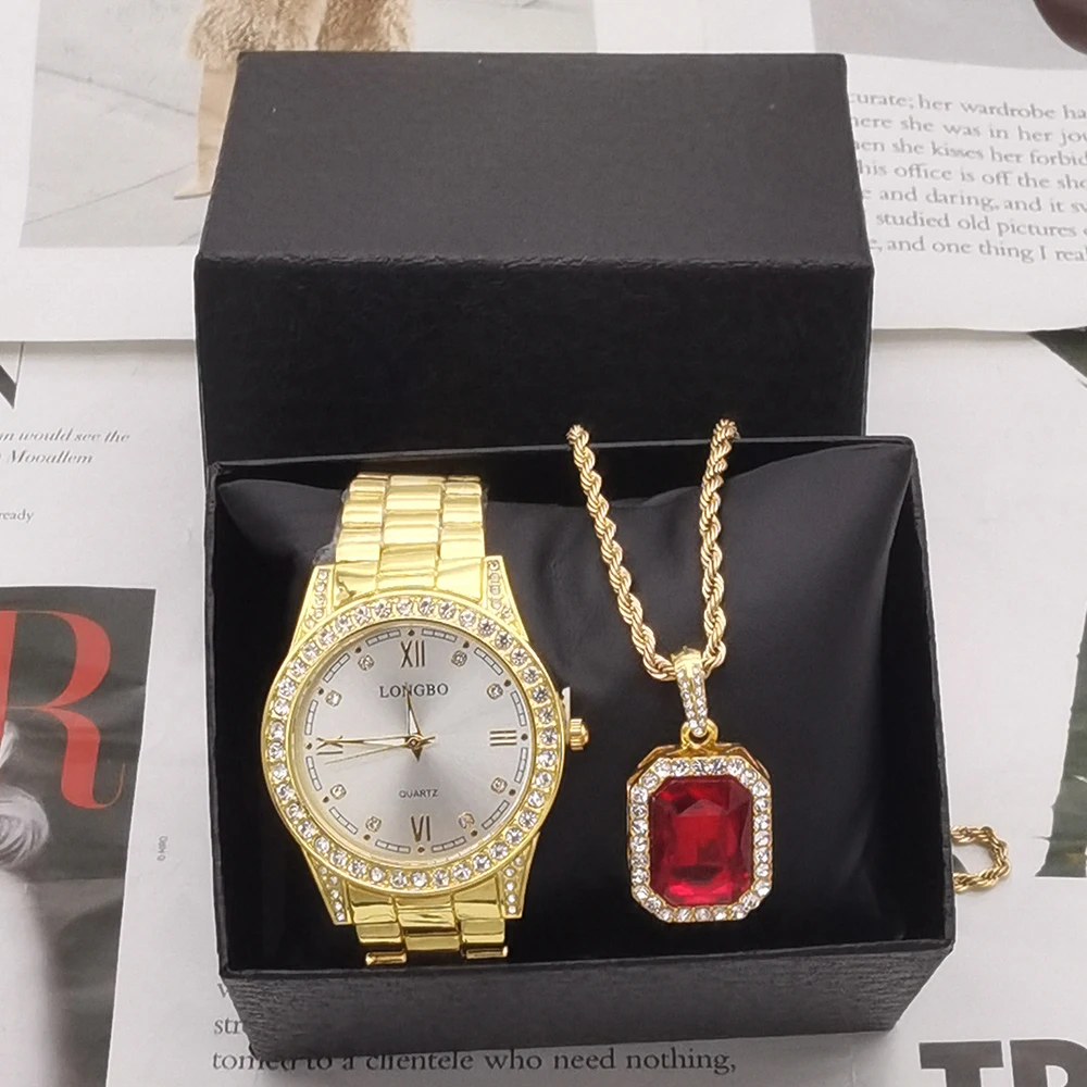2Pcs Luxury Business Man Wristwatch Waterproof Luminous Men Watch For Men Quartz Clock Steel Men's Watches + Pendant With Box