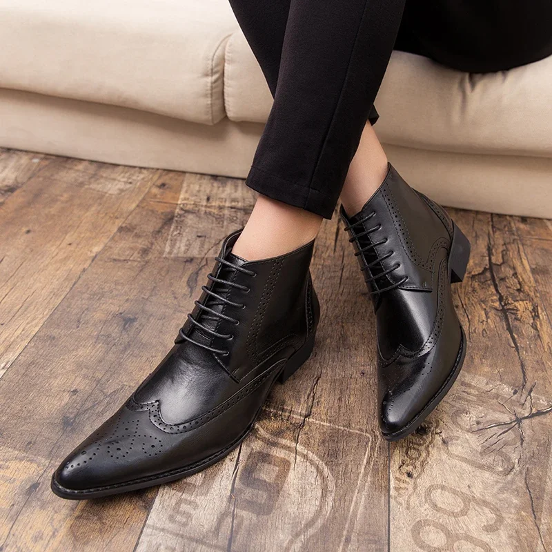 Misalwa Brogue College Style Men Chelsea Boots Lace up Versatile Leather Male Shoes Wedding Party Ankle Casual Short Boots