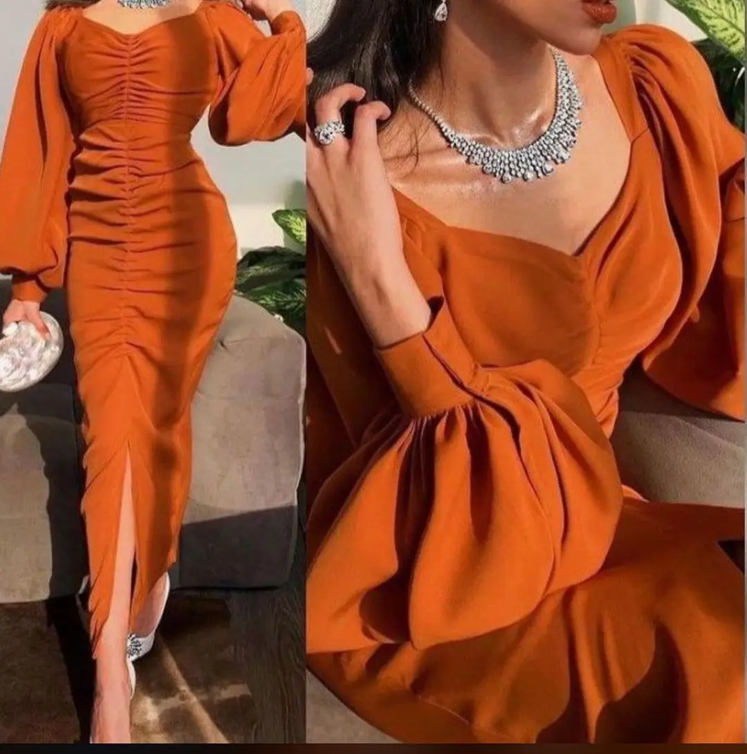 

Vintage Mermaid Long Sleeves Orange Prom Dresses V Neck Pleated Ankle Length vestidos de novia Party Dresses