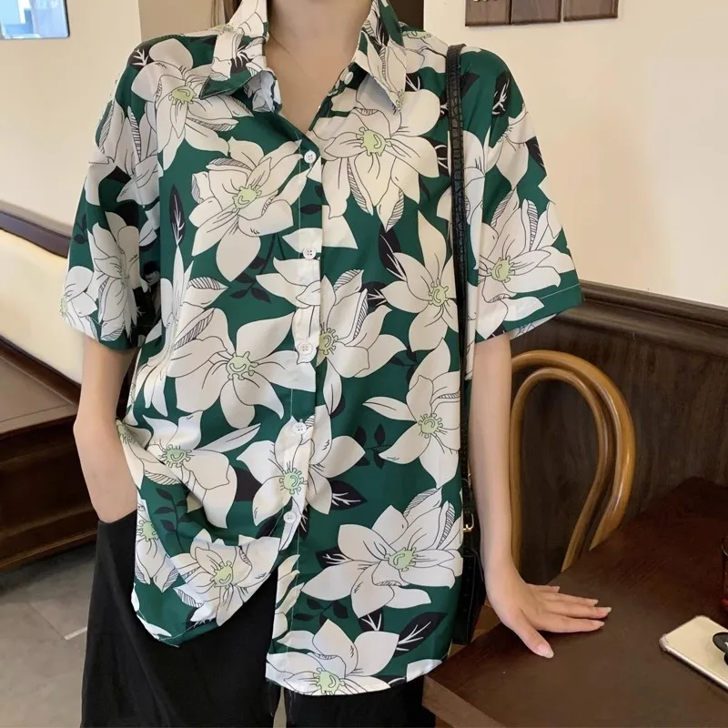 

Блузка женская с цветочным принтом, винтажная Свободная рубашка для отпуска, на пуговицах, с полурукавом, с лацканами, праздничная одежда, на лето