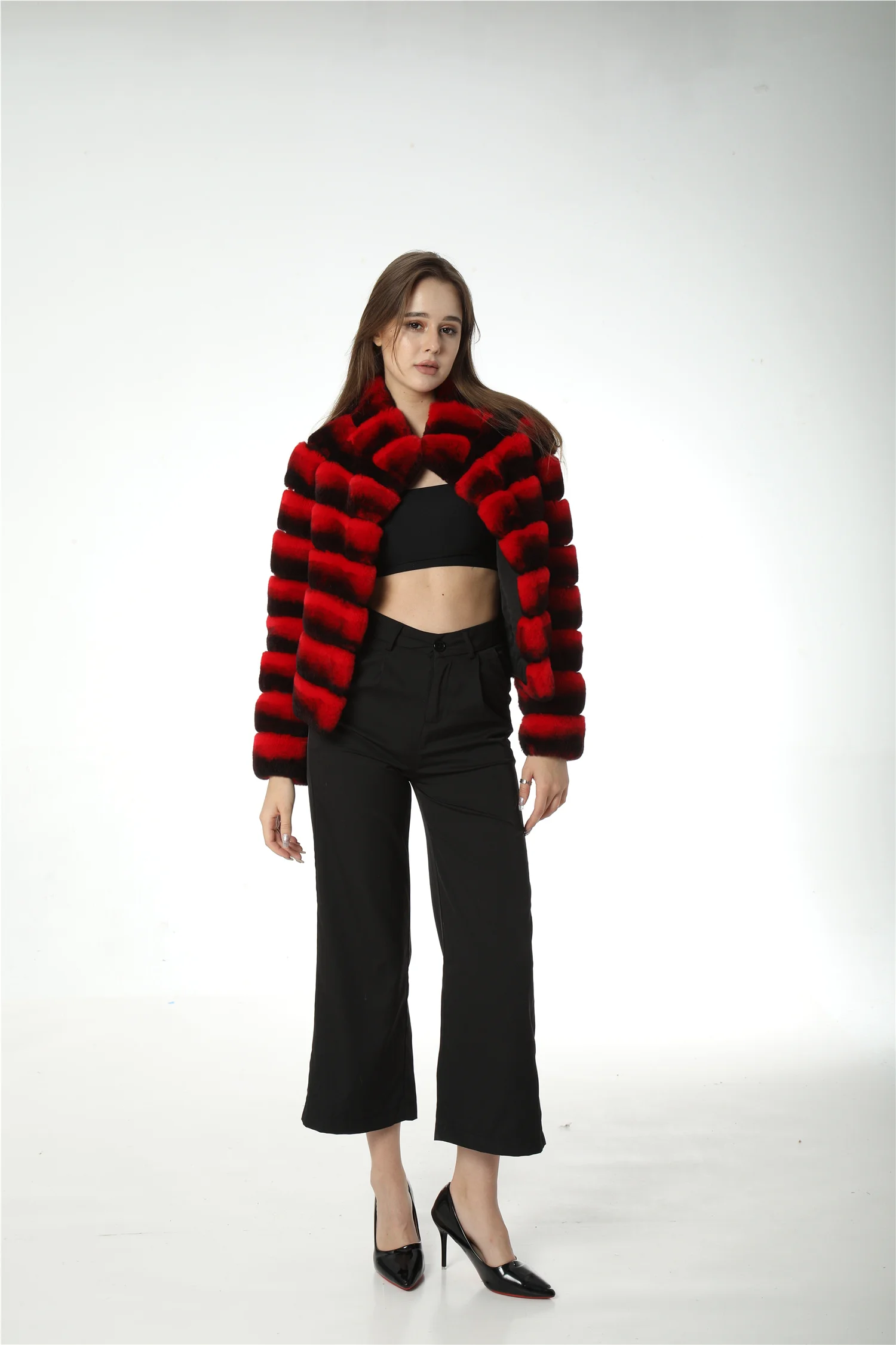 Real Rex Rabbit Fur Coat With Stand Collar Chinchilla 220604 Red Color Stripe Luxury 2023 Short Crop Outerwear