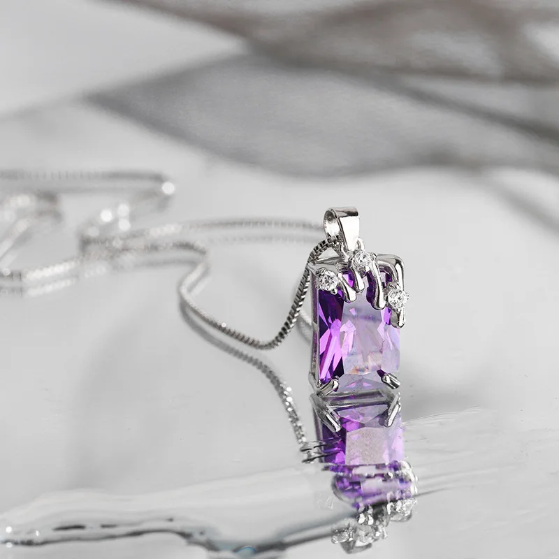 Silver 925 Candle Tears Cubic Pink Purple Zircon Gemstone Necklace Fashion Pendant  For women Birthday Party Gift Gemstone Chain