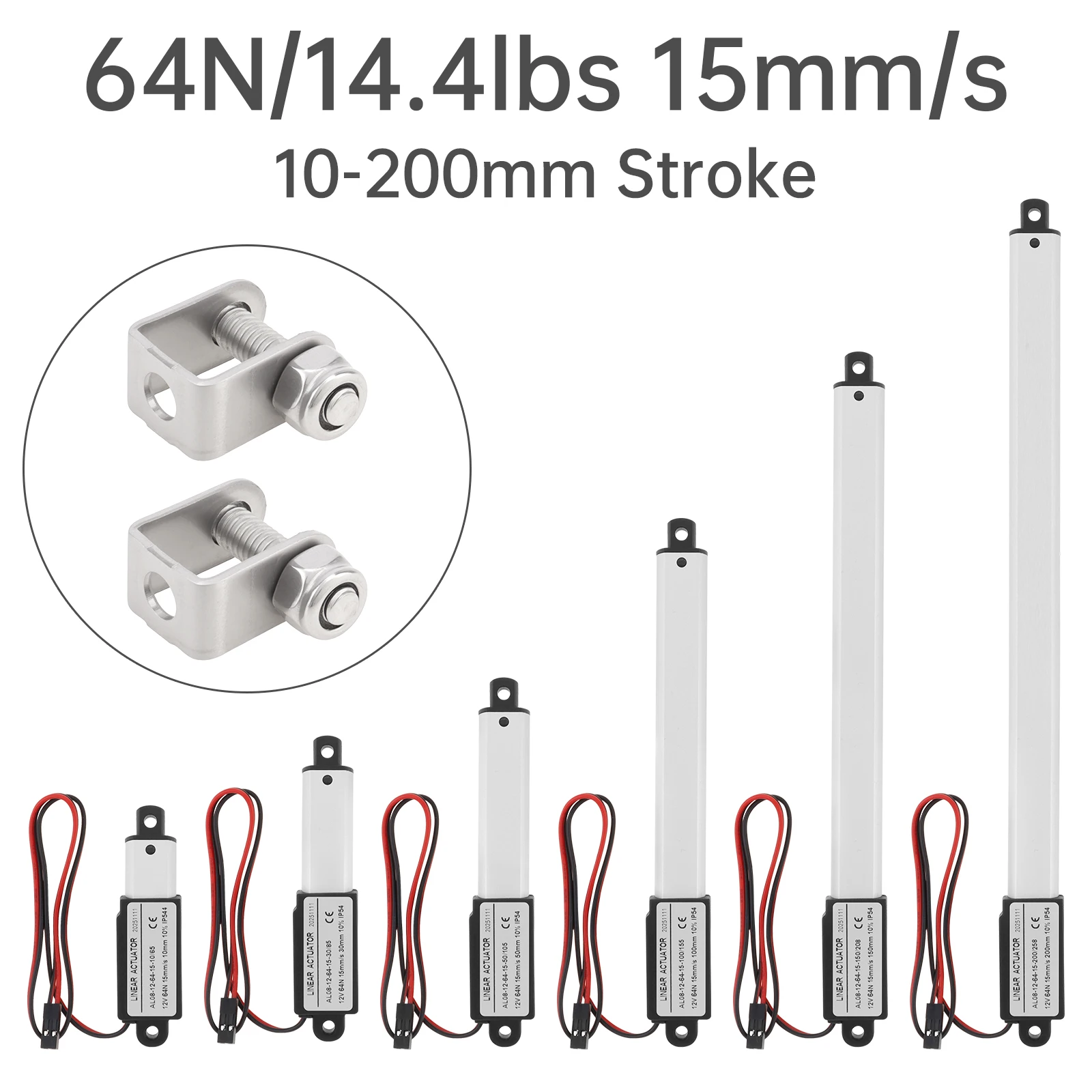 ตัวกระตุ้นเชิงเส้นไฟฟ้า 12V ระยะชัก 10/15/20/25/30/50/150/200 มม. แรงดัน 64N ความเร็ว 15 มม./วินาที ตัวกระตุ้นการเคลื่อนที่เชิงเส้นแบบยกขึ้นลงไฟฟ้า 1