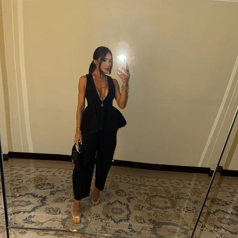 Black Elegant Pant Suit Women V-neck Sleeveless Ruffles Tank Tops Loose Trouser Female 2 Pieces 2025 Fashion Lady Outfits New